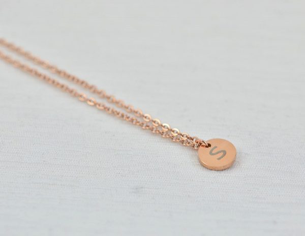 Personalised Rose Gold Initial Necklace, Initials Engraved Necklace, Initial Letter Round Charm Tag Necklace, Customised Silver Necklace 57