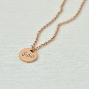 Personalised Rose Gold Name Necklace, Initials Engraved Necklace, Name Personalised Round Charm Tag Necklace, Customised Silver Necklace 23