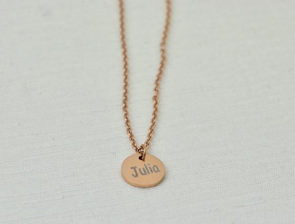 Personalised Rose Gold Name Necklace, Initials Engraved Necklace, Name Personalised Round Charm Tag Necklace, Customised Silver Necklace 52