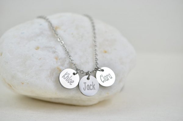 Personalised Silver Name Necklace, Initials Engraved Necklace, Name Personalised Round Charm Tag Necklace, Customised Silver Necklace 2