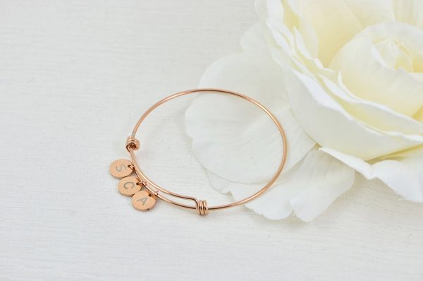 Rosegold Charm Initial Bangle Bracelet, Engraved Personalised Bridesmaids Stainless Steel Bracelet, Adjustable Initial Charm Bracelet 52
