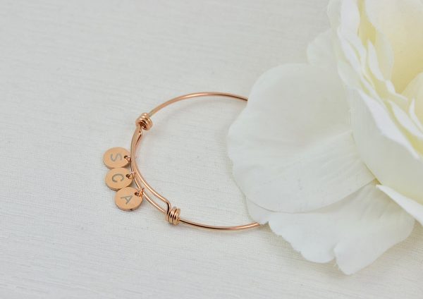 Rosegold Charm Initial Bangle Bracelet, Engraved Personalised Bridesmaids Stainless Steel Bracelet, Adjustable Initial Charm Bracelet 3