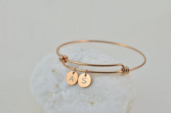 Rosegold Charm Initial Bangle Bracelet, Engraved Personalised Bridesmaids Stainless Steel Bracelet, Adjustable Initial Charm Bracelet 54