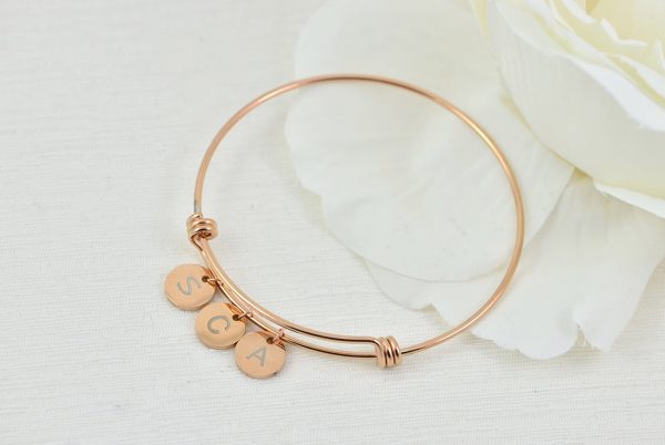 Rosegold Charm Initial Bangle Bracelet, Engraved Personalised Bridesmaids Stainless Steel Bracelet, Adjustable Initial Charm Bracelet 5