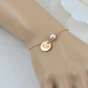 Rosegold Swarovski Pearl Name Bracelet Jewellery, Dainty Bridesmaids Personalised Engraved Initial Bracelet, Letter Bracelet Jewellery 52