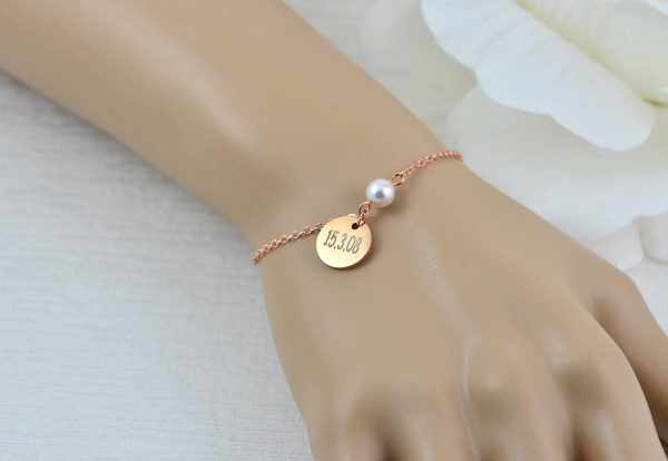 Rosegold Swarovski Pearl Name Bracelet Jewellery, Dainty Bridesmaids Personalised Engraved Initial Bracelet, Letter Bracelet Jewellery 1