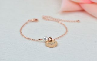 Rosegold Swarovski Pearl Name Bracelet Jewellery, Dainty Rose Gold Bridesmaids Personalised Engraved Initial Letter Bracelet Jewellery 2