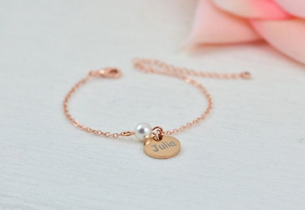 Rosegold Swarovski Pearl Name Bracelet Jewellery, Dainty Rose Gold Bridesmaids Personalised Engraved Initial Letter Bracelet Jewellery