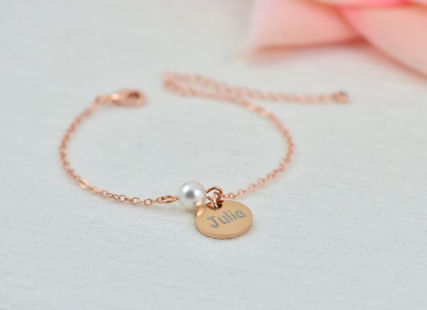 Rosegold Swarovski Pearl Name Bracelet Jewellery, Dainty Rose Gold Bridesmaids Personalised Engraved Initial Letter Bracelet Jewellery 18