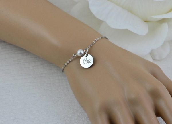 Rosegold Swarovski Pearl Name Bracelet Jewellery, Dainty Rose Gold Bridesmaids Personalised Engraved Initial Letter Bracelet Jewellery - Image 4