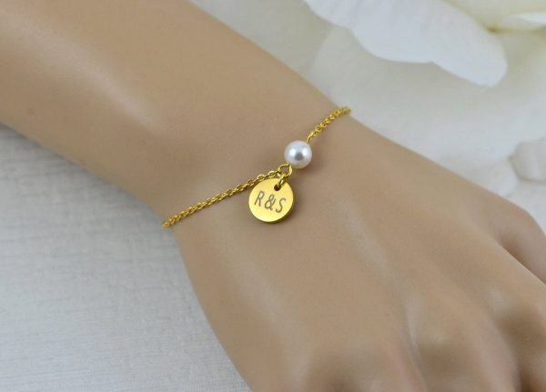 Rosegold Swarovski Pearl Name Bracelet Jewellery, Dainty Rose Gold Bridesmaids Personalised Engraved Initial Letter Bracelet Jewellery 4