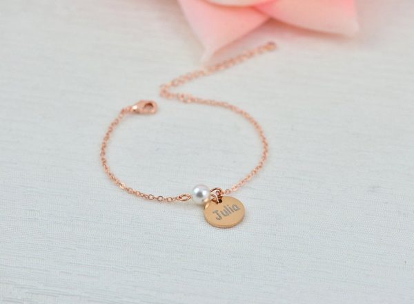 Rosegold Swarovski Pearl Name Bracelet Jewellery, Dainty Rose Gold Bridesmaids Personalised Engraved Initial Letter Bracelet Jewellery - Image 6