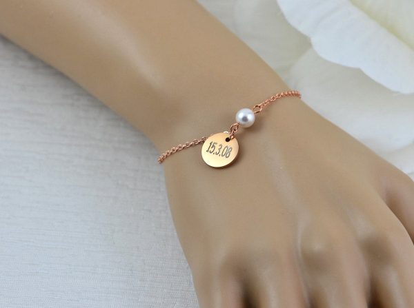 Rosegold Swarovski Pearl Name Bracelet Jewellery, Dainty Rose Gold Bridesmaids Personalised Engraved Initial Letter Bracelet Jewellery 22