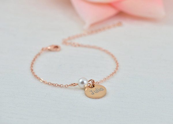 Rosegold Swarovski Pearl Name Bracelet Jewellery, Dainty Rose Gold Bridesmaids Personalised Engraved Initial Letter Bracelet Jewellery 23