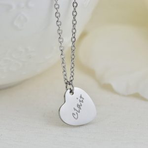 Silver Heart Personalised Name Necklace, Engraved Heart Necklace, Name Personalised Charm Stainless Steel Necklace, Customised Jewellery 52