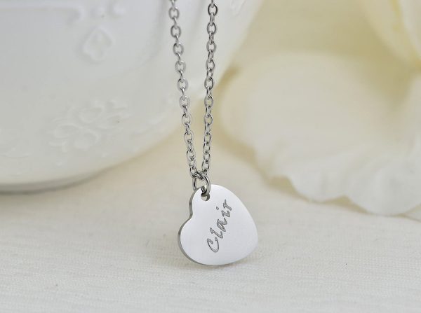 Silver Heart Personalised Name Necklace, Engraved Heart Necklace, Name Personalised Charm Stainless Steel Necklace, Customised Jewellery 51