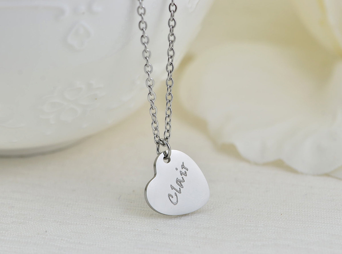 Silver Heart Personalised Name Necklace, Engraved Heart Necklace, Name Personalised Charm Stainless Steel Necklace, Customised Jewellery 4