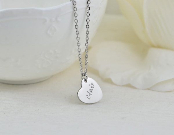 Silver Heart Personalised Name Necklace, Engraved Heart Necklace, Name Personalised Charm Stainless Steel Necklace, Customised Jewellery 52