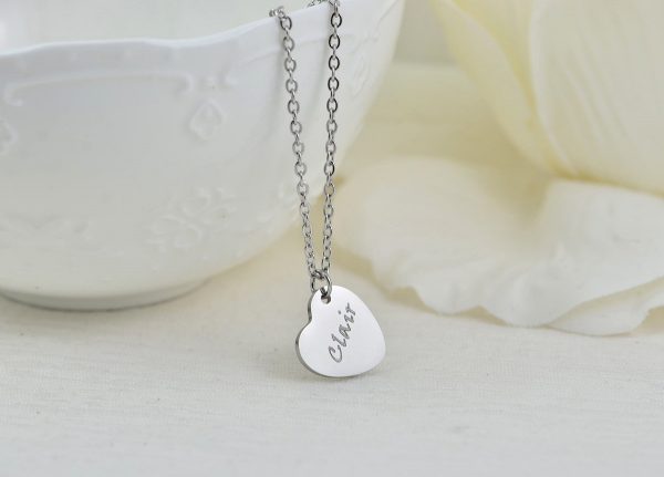 Silver Heart Personalised Name Necklace, Engraved Heart Necklace, Name Personalised Charm Stainless Steel Necklace, Customised Jewellery 3