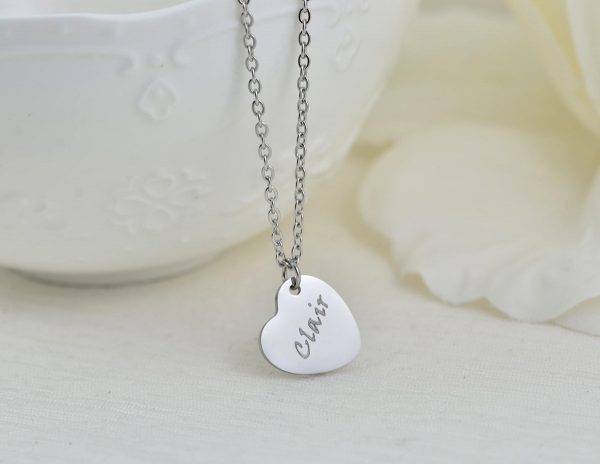 Silver Heart Personalised Name Necklace, Engraved Heart Necklace, Name Personalised Charm Stainless Steel Necklace, Customised Jewellery 54