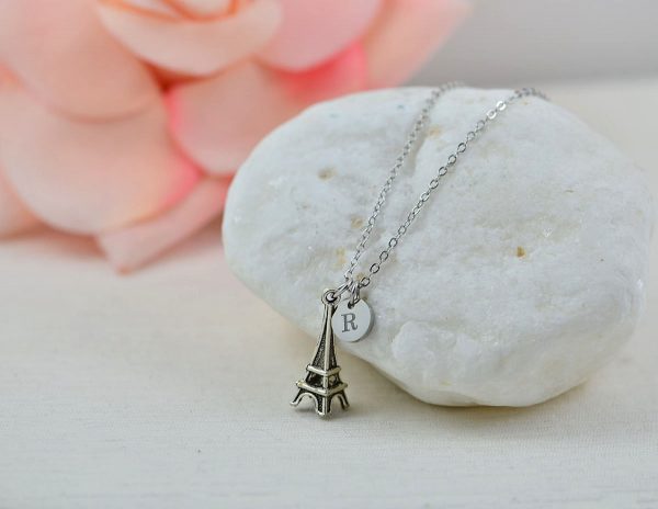 Silver Initials Eiffel Tower Necklace, Personalised Charm Engraved Necklace, Bridesmaids Wedding Engraved Initial Silver Necklace, 51