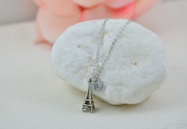 Silver Initials Eiffel Tower Necklace, Personalised Charm Engraved Necklace, Bridesmaids Wedding Engraved Initial Silver Necklace, 52