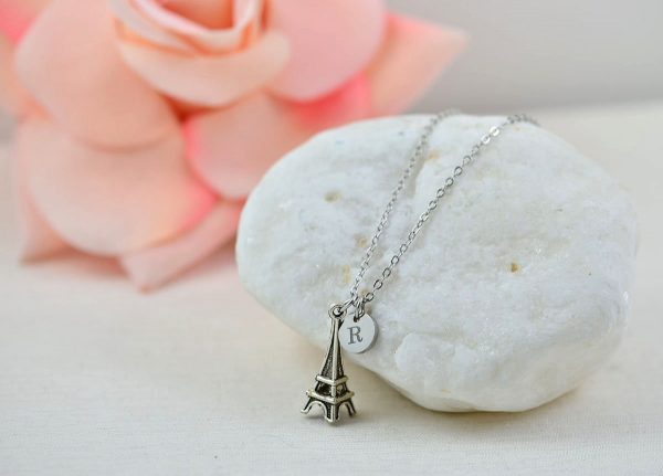 Silver Initials Eiffel Tower Necklace, Personalised Charm Engraved Necklace, Bridesmaids Wedding Engraved Initial Silver Necklace, 3