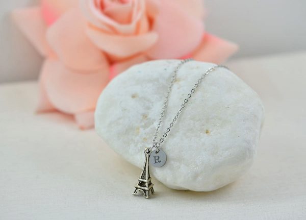 Silver Initials Eiffel Tower Necklace, Personalised Charm Engraved Necklace, Bridesmaids Wedding Engraved Initial Silver Necklace, 4