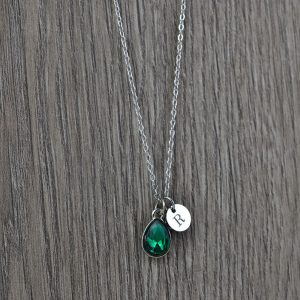 Silver Initials Emerald Crystal Necklace, Personalised Everyday Charm Necklace, Bridesmaids Wedding Engraved Initial Silver Drop Necklace 64