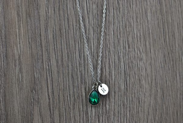 Silver Initials Emerald Crystal Necklace, Personalised Everyday Charm Necklace, Bridesmaids Wedding Engraved Initial Silver Drop Necklace 51