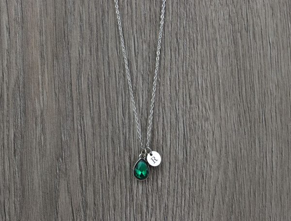 Silver Initials Emerald Crystal Necklace, Personalised Everyday Charm Necklace, Bridesmaids Wedding Engraved Initial Silver Drop Necklace 53