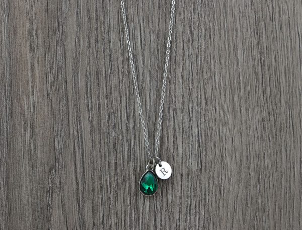 Silver Initials Emerald Crystal Necklace, Personalised Everyday Charm Necklace, Bridesmaids Wedding Engraved Initial Silver Drop Necklace 56
