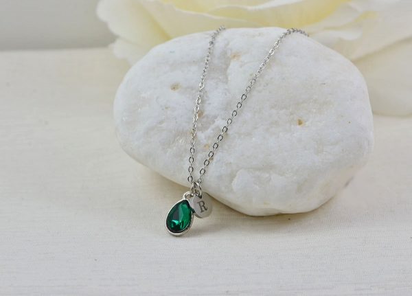 Silver Initials Emerald Crystal Necklace, Personalised Everyday Charm Necklace, Bridesmaids Wedding Engraved Initial Silver Drop Necklace 57