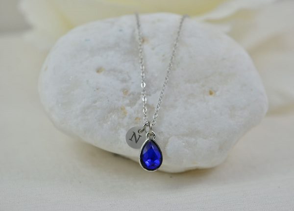 Silver Initials Sapphire Crystal Necklace, Personalised Everyday Charm Drop Necklace, Bridesmaids Wedding Engraved Blue Silver Necklace 51