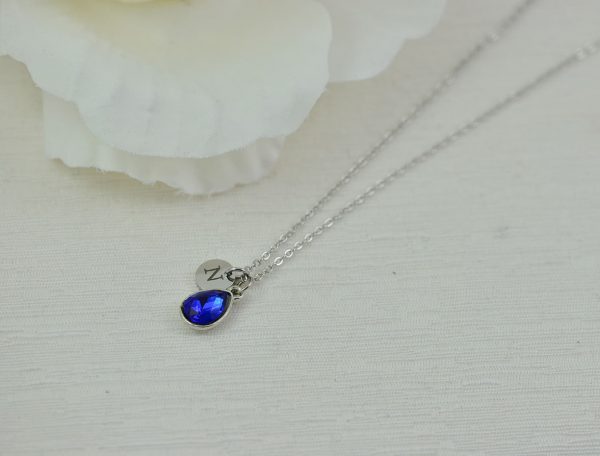 Silver Initials Sapphire Crystal Necklace, Personalised Everyday Charm Drop Necklace, Bridesmaids Wedding Engraved Blue Silver Necklace 4