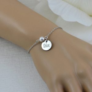 Silver Swarovski Pearl Name Bracelet Jewellery, Dainty Silver Bridesmaids Personalised Engraved Initial Bracelet, Letter Bracelet Jewellery 54
