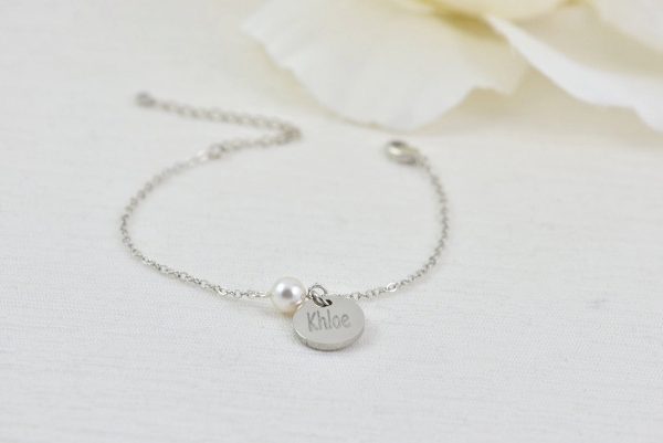 Silver Swarovski Pearl Name Bracelet Jewellery, Dainty Silver Bridesmaids Personalised Engraved Initial Bracelet, Letter Bracelet Jewellery 2