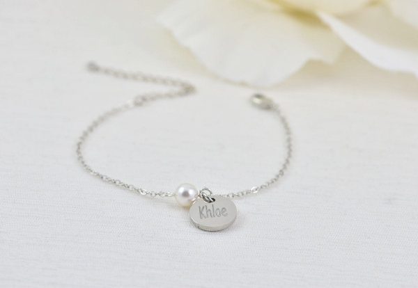 Silver Swarovski Pearl Name Bracelet Jewellery, Dainty Silver Bridesmaids Personalised Engraved Initial Bracelet, Letter Bracelet Jewellery 3