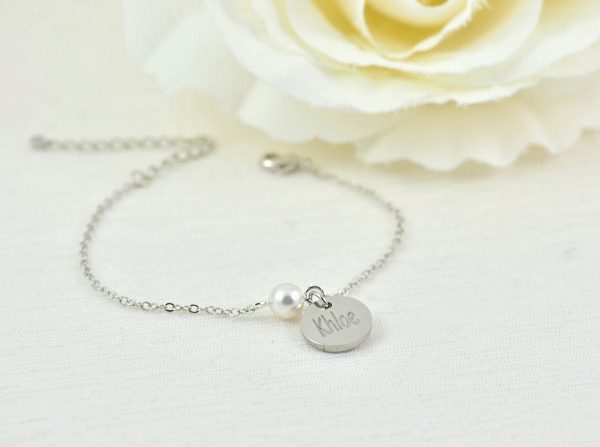 Silver Swarovski Pearl Name Bracelet Jewellery, Dainty Silver Bridesmaids Personalised Engraved Initial Bracelet, Letter Bracelet Jewellery 56