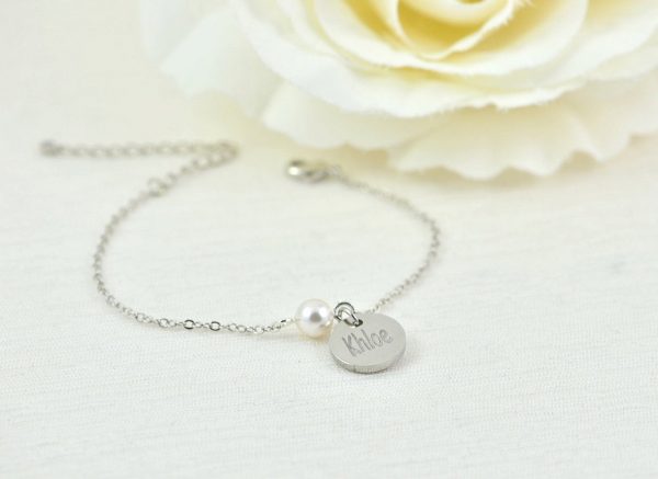Silver Swarovski Pearl Name Bracelet Jewellery, Dainty Silver Bridesmaids Personalised Engraved Initial Bracelet, Letter Bracelet Jewellery 57