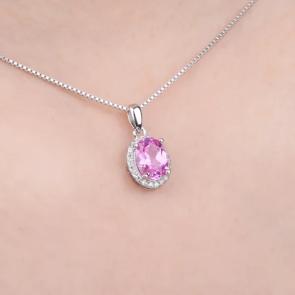 Pink Sapphire 925 Sterling Silver Halo Pendant Necklace - Image 3