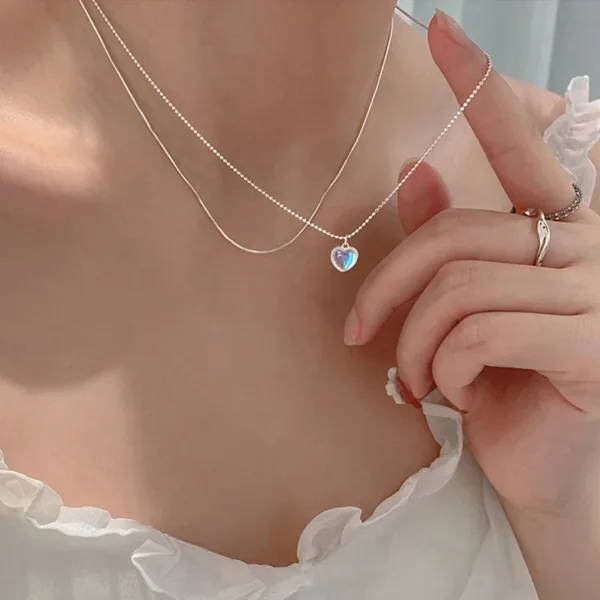 Silver Color Double Love Heart-shaped Moonstone Pendant Necklace Women Gradient Gemstone Clavicle Chain Couple - Image 3