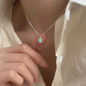 Silver Color Double Love Heart-shaped Moonstone Pendant Necklace Women Gradient Gemstone Clavicle Chain Couple - 2