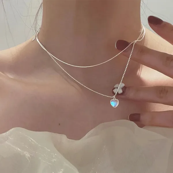 Silver Color Double Love Heart-shaped Moonstone Pendant Necklace Women Gradient Gemstone Clavicle Chain Couple - Image 5