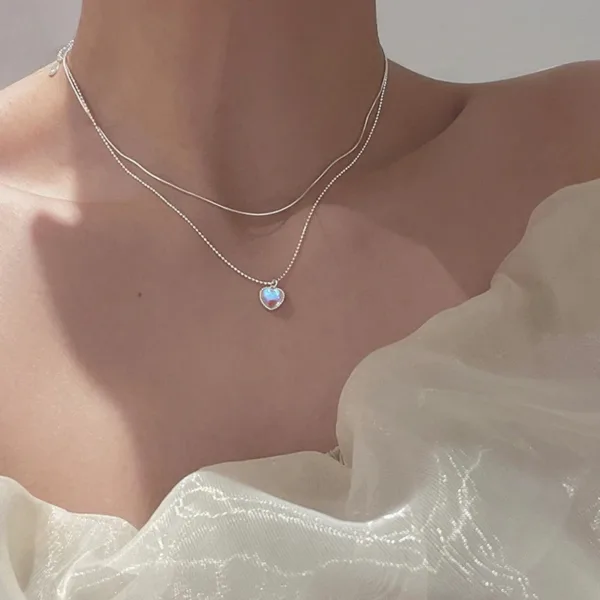Silver Color Double Love Heart-shaped Moonstone Pendant Necklace Women Gradient Gemstone Clavicle Chain Couple - Image 4