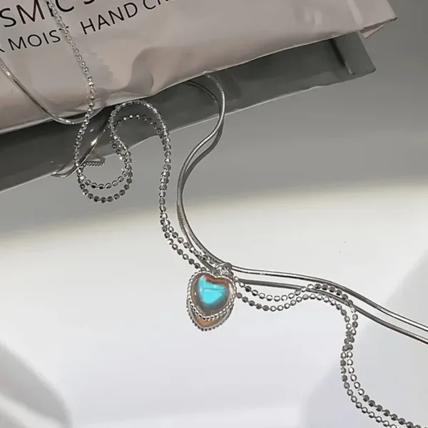 Silver Color Double Love Heart-shaped Moonstone Pendant Necklace Women Gradient Gemstone Clavicle Chain Couple - Image 6