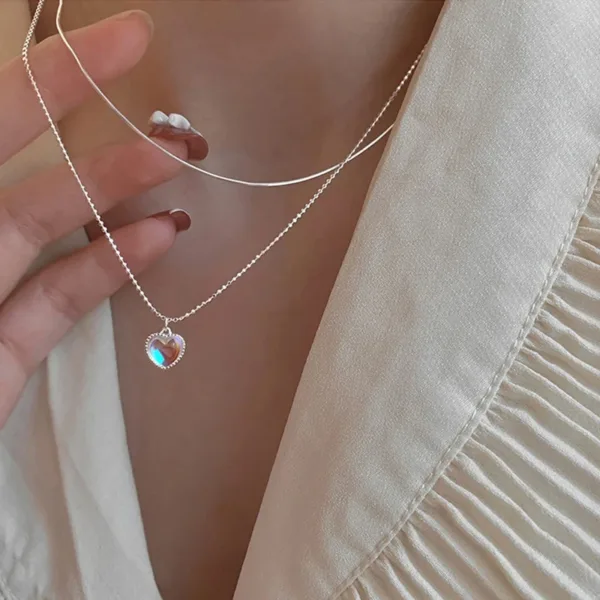 Silver Color Double Love Heart-shaped Moonstone Pendant Necklace Women Gradient Gemstone Clavicle Chain Couple - Image 2