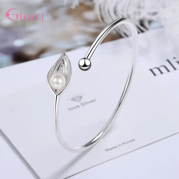 Open Adjustable Leaf Cuff Bracelets for Women Hot Sale 925 Sterling Silver Freshwater Pearl Bangles Gift Jewelry Wholesale - Image 3