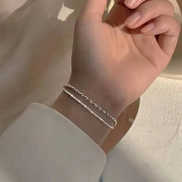 Minimalist Sterling Silver Double Layer Bracelet - Image 2