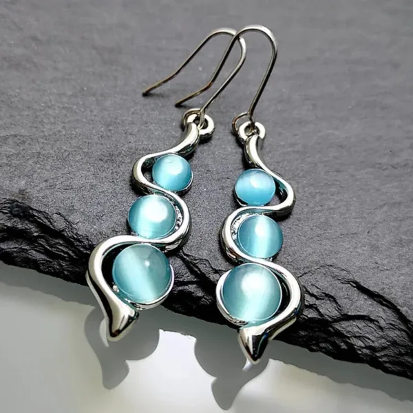 Women Blue Opal Earrings Elegant Drop Dangle Bohemian Cat Eye Stone Wavy Statement Earrings for ​Fashion Wedding Party Jewelry - Image 2